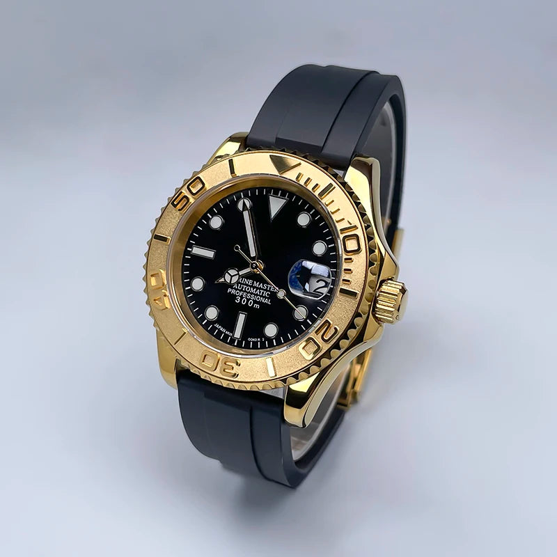 NH35 Automatic Watch Men 40MM Full Gold YM Ceramic Bezel Two-Way Rotating Sapphire Glass Luminous Luxury Rubber Strap for Man