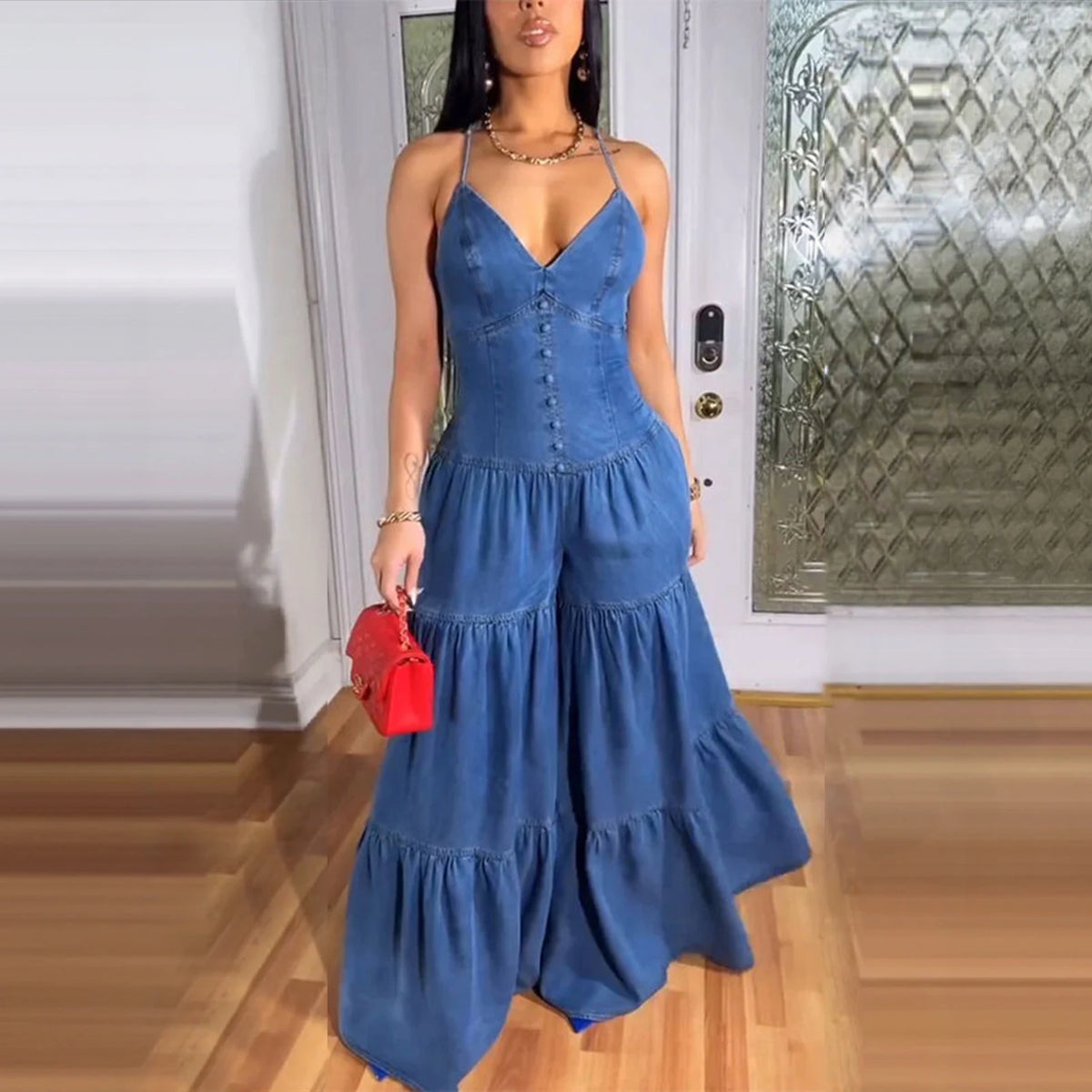 Elegant Jumpsuits for Women 2025 Spring New Plain Elegant Office Lady Loose Ruched Cold Shoulder Hem Wide Leg Jumpsuit Dungarees