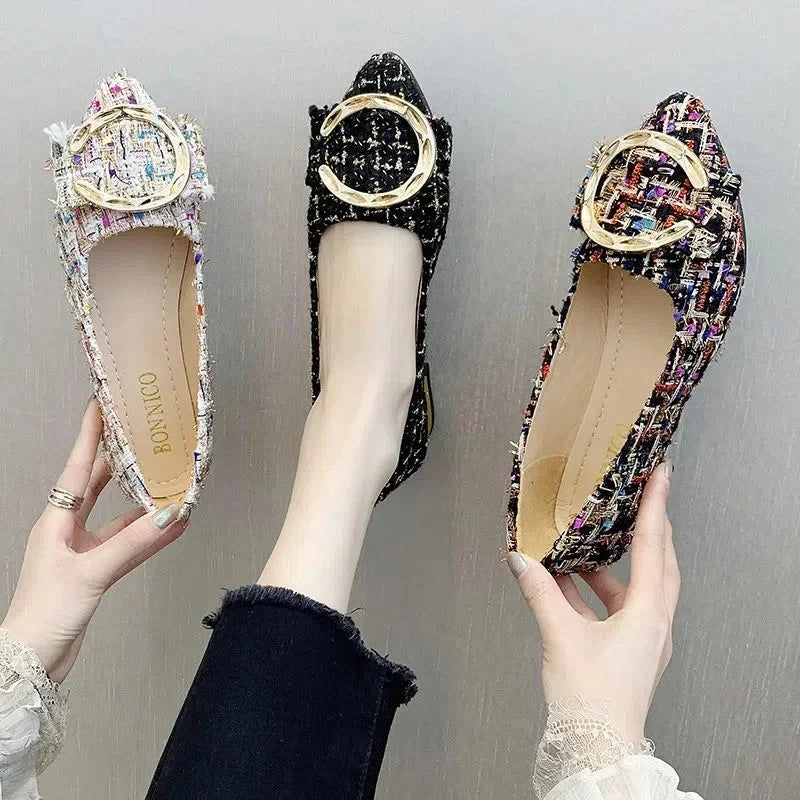 Spring Autumn Casual Fashion Pointed Toe Fabric High Heels Comfortable Simple Metal Decorated Low Heel Women's Shoes NO:A1701