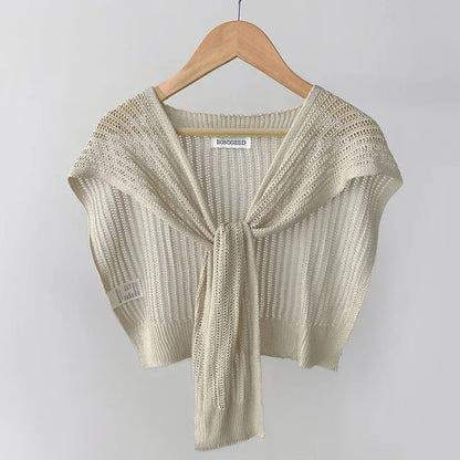 Lace Hollow Linen Knitted Shawl Summer Air Conditioning Fake Collar Neck Guard Knit Thin Knotted Cape Shoulder Scarf For Women
