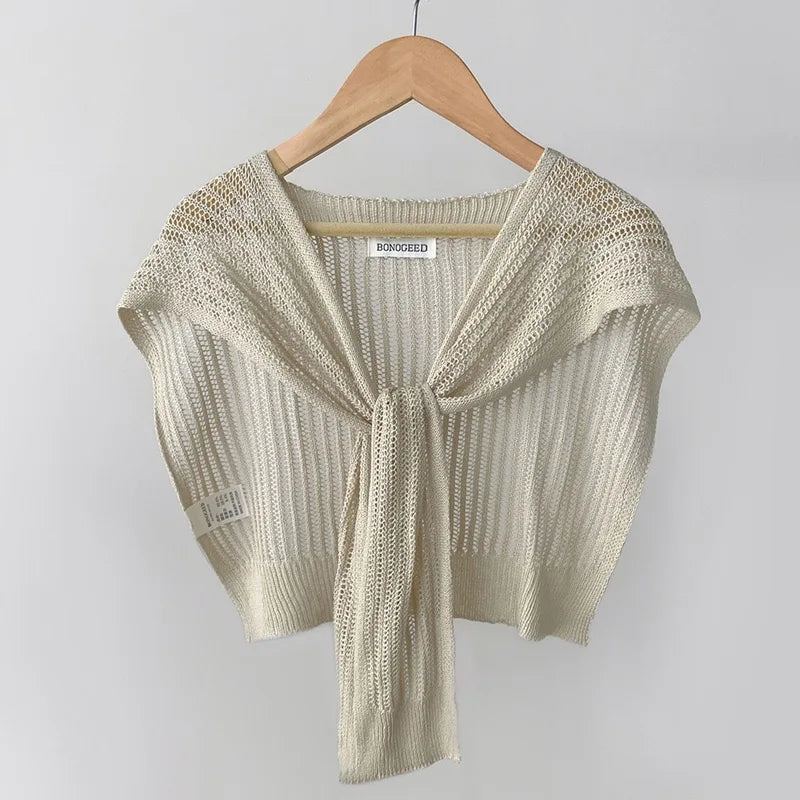 Lace Hollow Linen Knitted Shawl Summer Air Conditioning Fake Collar Neck Guard Knit Thin Knotted Cape Shoulder Scarf For Women