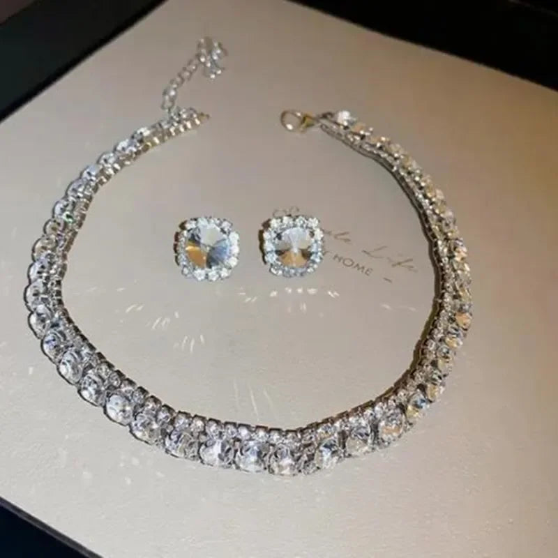 FYUAN Luxury Crystal Necklace Earrings Set Pink ABcolourful Necklace for Women Weddings Party Jewelry Sets Accessories
