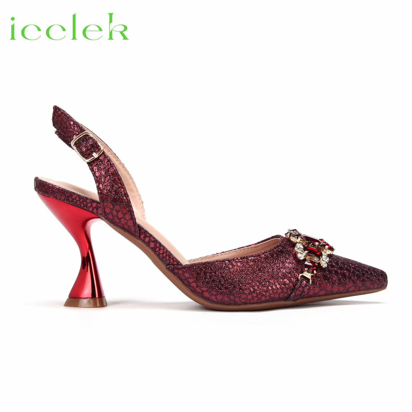 2025 New Elegant Nigerian Women’s Wine Color Heeled Shoes and Rhinestone Handbag Set Italian Design for Parties and Weddings