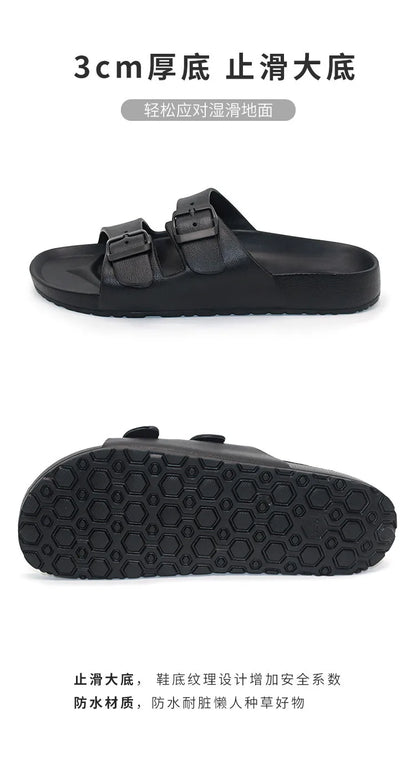 Shevalues Summer Flat Slippers For Women Men 2025 New Thick Sole Sandals With Double Buckle Fashoin Outdoor Antiskid Beach Slide