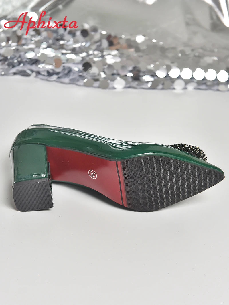 Aphixta Bing Big Crystals Round Buckle 7cm Chunky Heels Pumps Women Shoes Dark Green Fashion and Leisure Pointed Toe Pumps