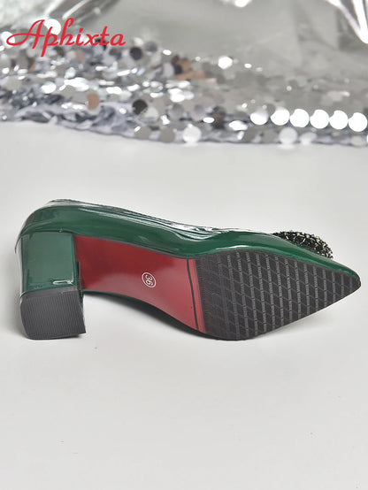 Aphixta Bing Big Crystals Round Buckle 7cm Chunky Heels Pumps Women Shoes Dark Green Fashion and Leisure Pointed Toe Pumps