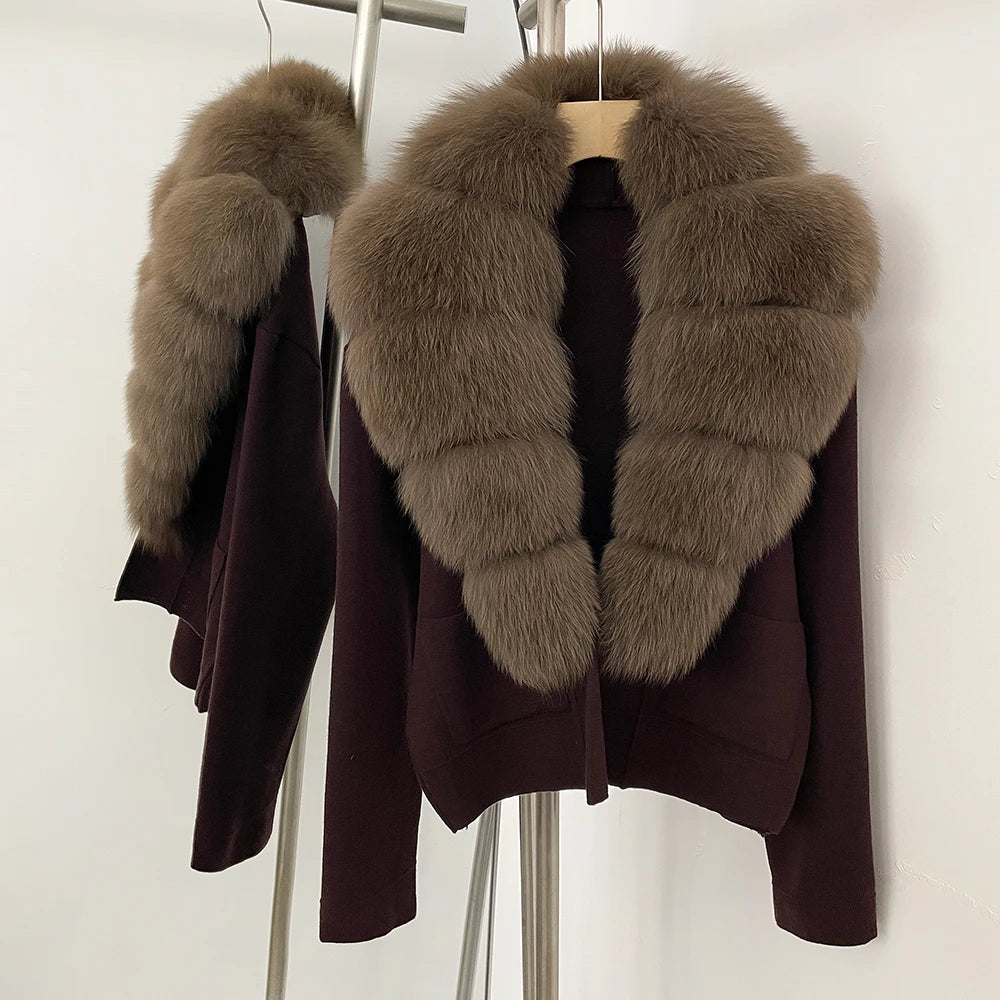 OFTBUY Loose Fit Warm Winter Fashion Lady Outerwear Sweater Female 2025 New Women's Knit Cardigan with Large Real Fox Fur Collar