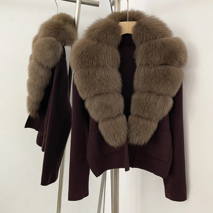 OFTBUY Loose Fit Warm Winter Fashion Lady Outerwear Sweater Female 2025 New Women's Knit Cardigan with Large Real Fox Fur Collar