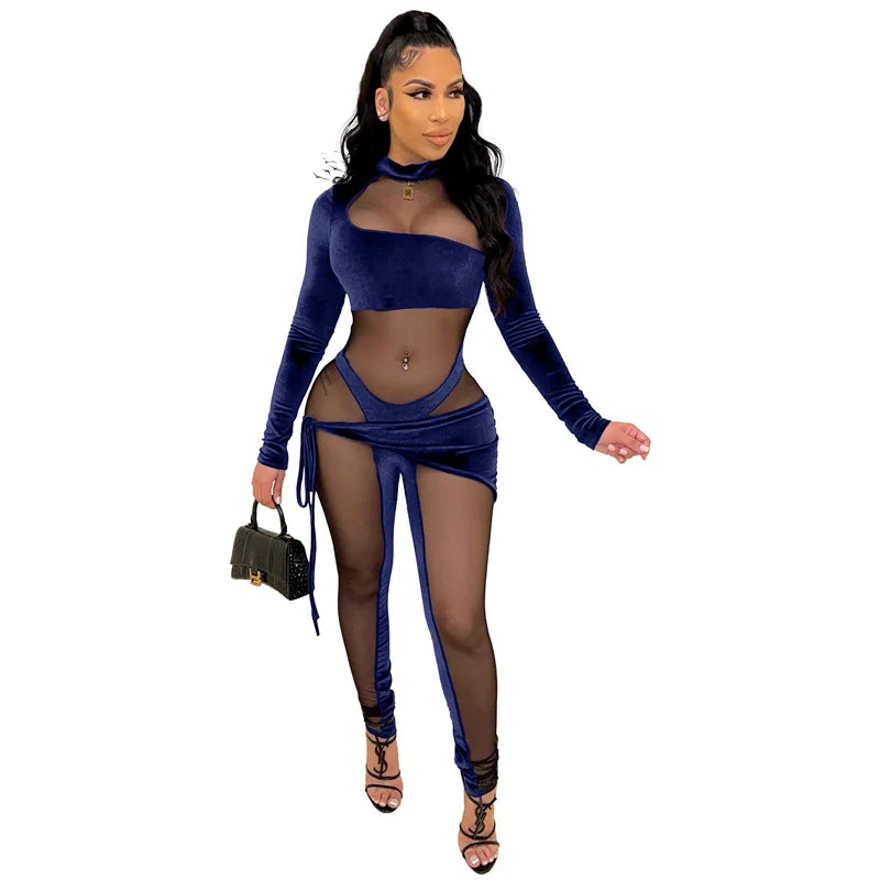 Sexy See-through Mesh Patchwork Velvet Jumpsuit Women Clubwear Long Sleeve Rompers Womens Jumpsuit Bodycon Overalls for Women