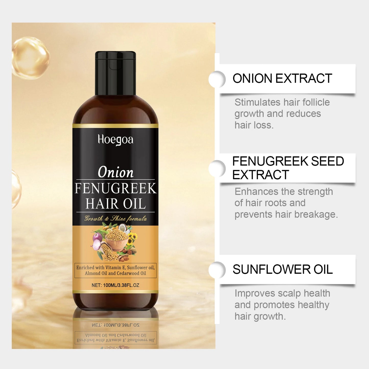 HOEGOA 100ml Onion Fenugreek Hair Oil Promote Hair Growth Prevent Hair Loss Nourish Scalp Mild Ingredients Fenugreek Hair Oil