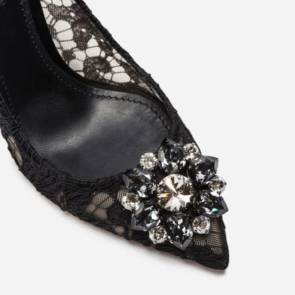 Mesh lace high-heeled shallow mouth shoes 2026 new pointed crystal buckle slim heel fashionable banquet women's single shoes