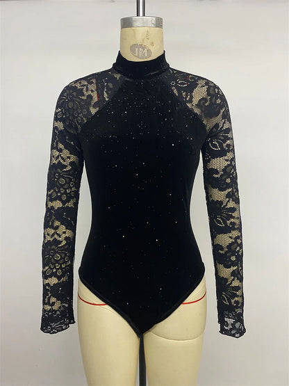 Benuynffy Mock Neck Long Sleeve Lace Body Top Women's Autumn 2025 Sexy Party Elegant Glitter Velvet Stretch Slim Female Bodysuit