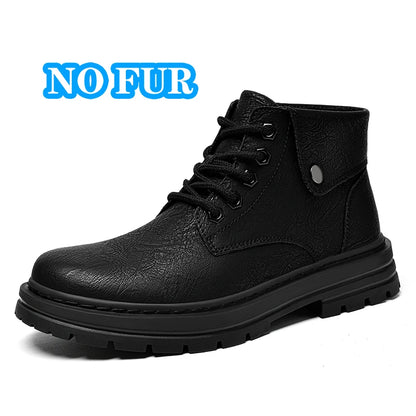 Genuine Leather Mens Motorcycle Boots Handmade Retro Men Ankle Boots Man Winter Plush Snow Botas Outdoor High Top Shoes Sneakers