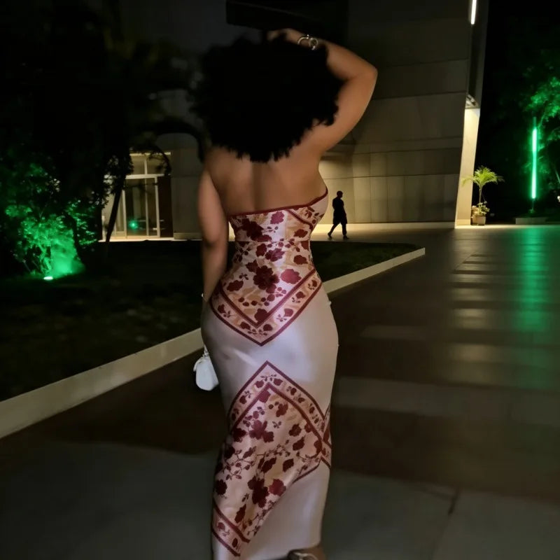 Y2K Hot Girl Tie Halter Satin Mermaid Maxi Dress Floral Scarf Print Backless Bodycon Vacation Women Slip Summer Evening Dresses