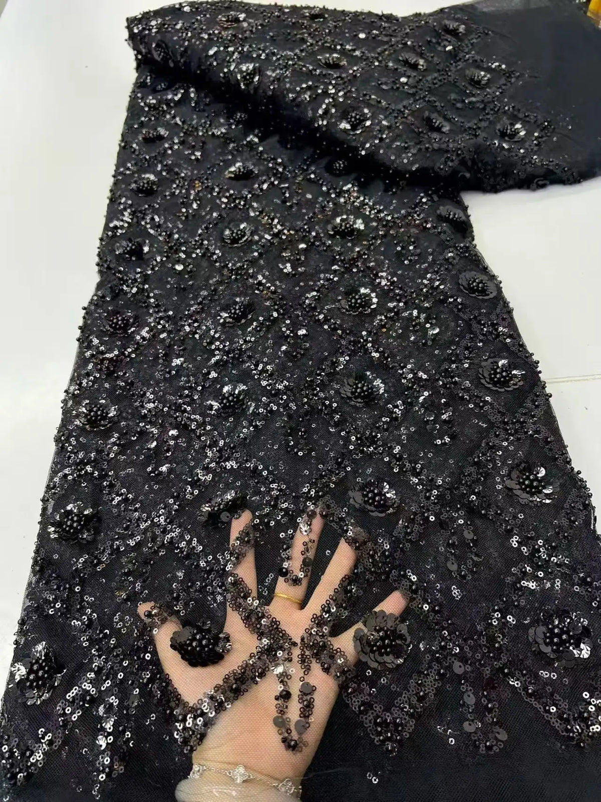 Luxury African Beaded Sequins Pearl Lace French Tulle Fabric 2026 High Quality Nigerian Design for Party Dress Sewing 2026
