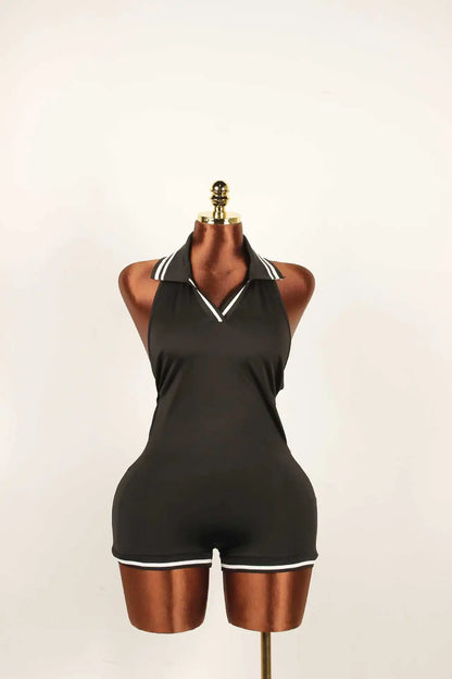 HLJ&GG Summer New Stripe Halter Lapel One Piece Rompers Women Sleeveless Backless Bodycon Jumpsuits Sexy Stretchy Overalls 2025