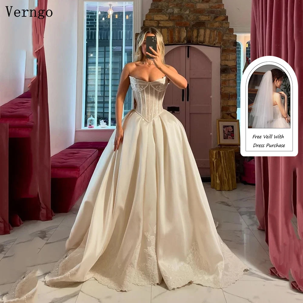 Verngo lvory Satin Wedding Dress Basque Waist A Line Long Bridal Gowns Bone Tight Bride Dresses 2025Customized vestido de novia