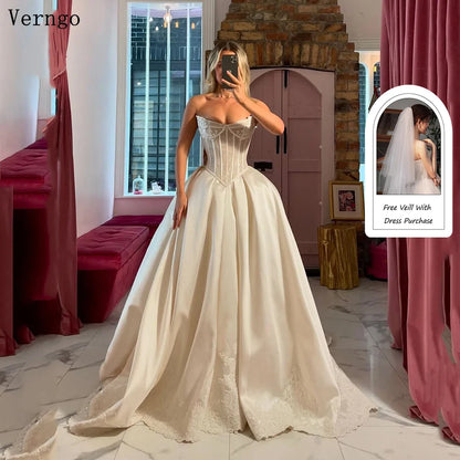 Verngo lvory Satin Wedding Dress Basque Waist A Line Long Bridal Gowns Bone Tight Bride Dresses 2025Customized vestido de novia