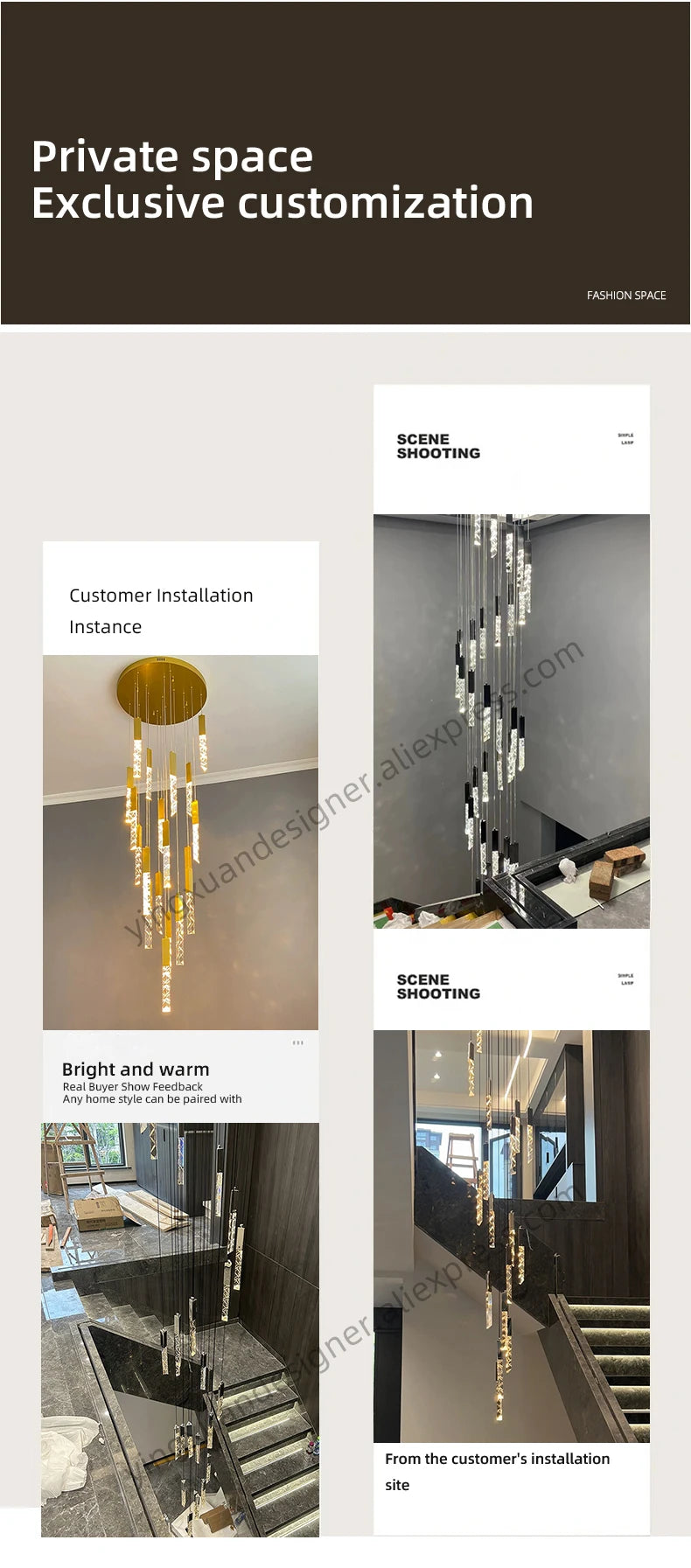 Crystal Staircase Pendant Lamp Modern Gold Lighting Fixture Ceiling Hang Pendant Light Luster Indoor Villa Loft Stair Chandelier