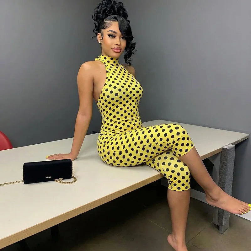 FAGADOER Fashion Color Dot Printing Bodycon Jumpsuits Woman Halter Sleeveless Backless Rompers Female Streetwear Overalls 2026