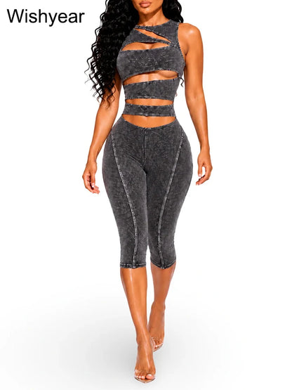 Women Ribbed Sleeveless Cutout One Pieces Jumpsuit Crisscross Hollow High Waist Capri Skinny Pant Rompers Summer Nightclub Party