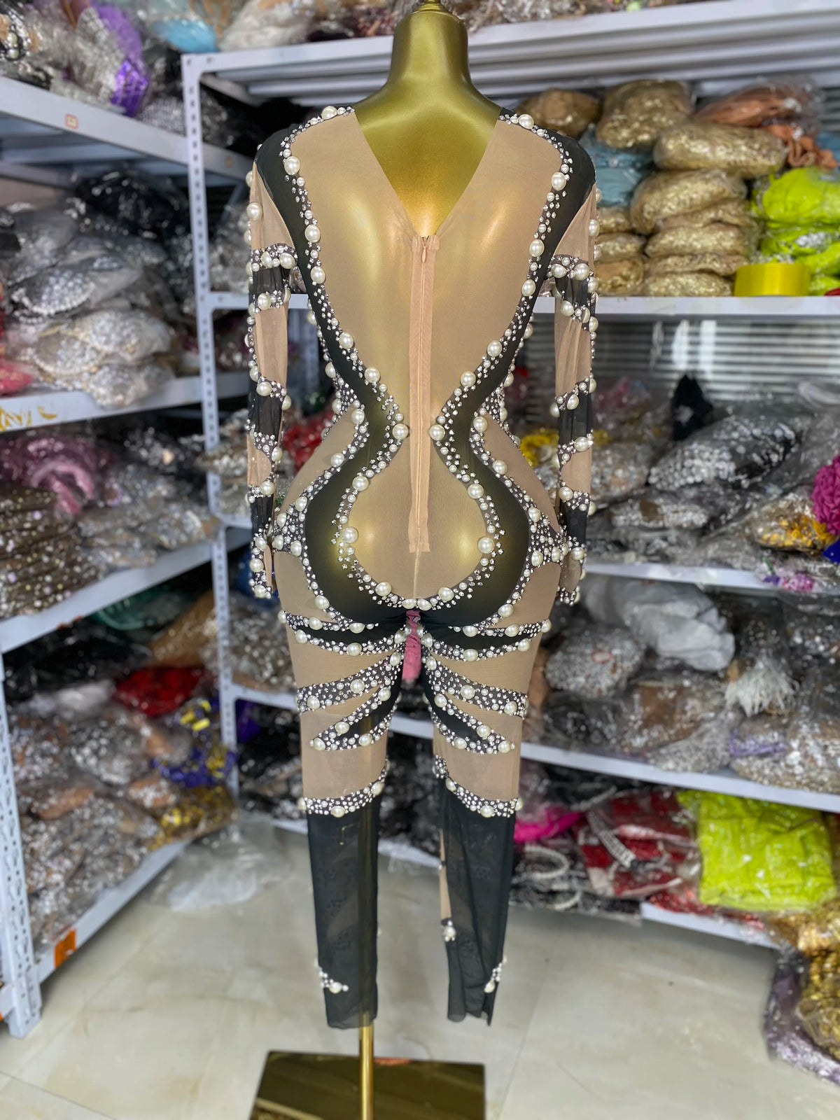 Women Special Occassion Long Sleeve Printed Pearl Studded Bodycon Jumpsuits Y2k Party Evening Club Singer Dancer Stage Costumes