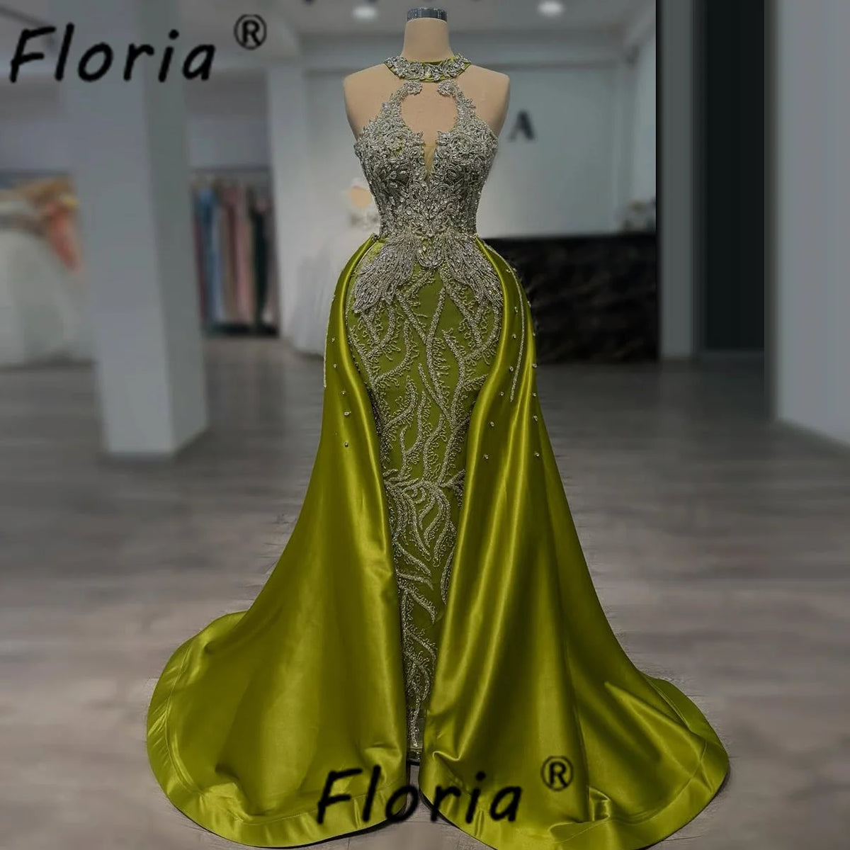 Luxury Beaded Crystal Evening Dress with Overskirt Sleeveless Green Mermaid Formal Occasion Gowns Customized Robe de soiree 2025