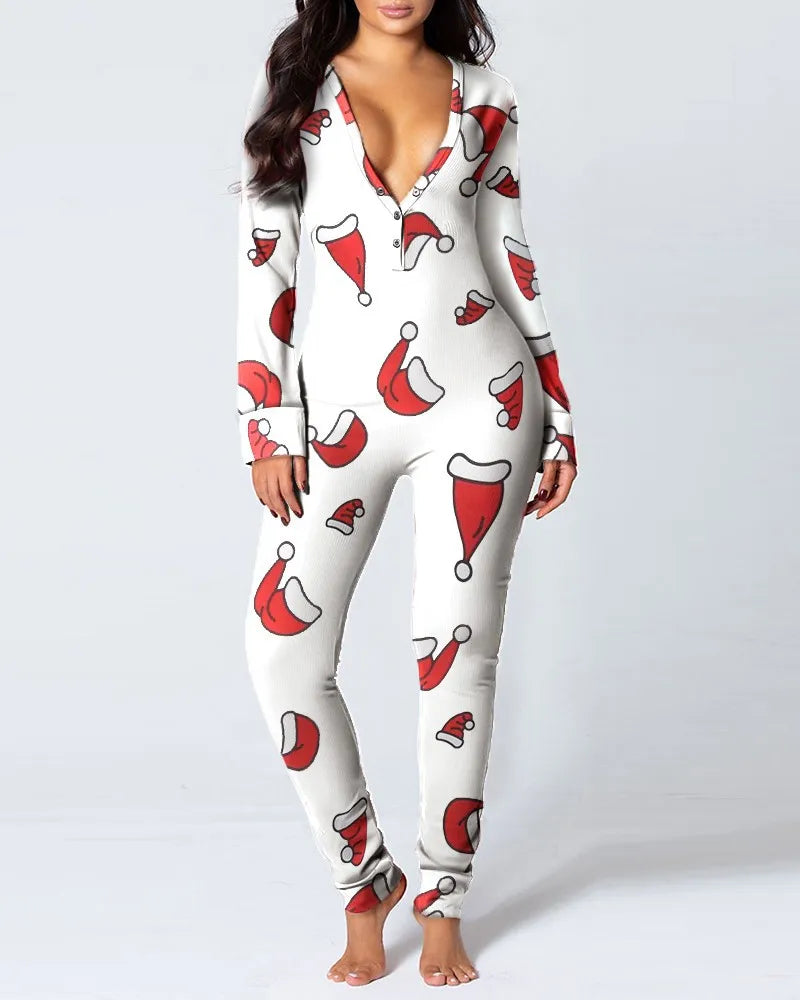 Sexy Pyjama Women's Long Sleeves Homewear Suit Button-Down Front Back Butt Bum Open Ass Flap Jumpsuit Loungewear Christmas Print