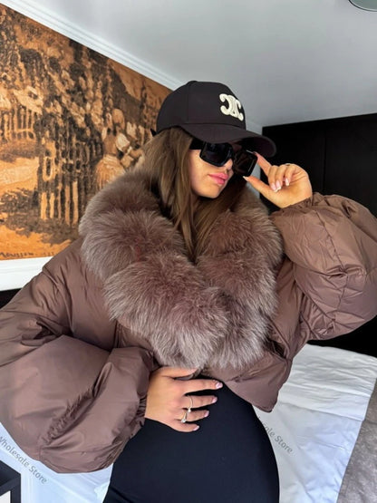 Winter Female White Duck Down Jacket Luxury Loose Short Fashion Casual Women Warm Real Fox Fur Coat Long Sleeve Puffer Jacket