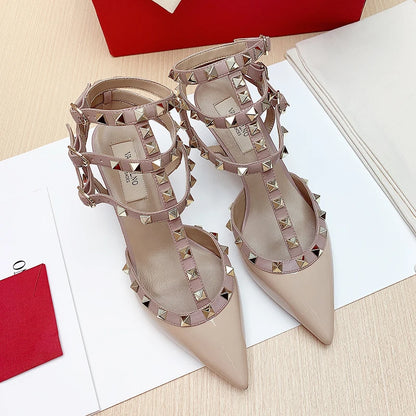 Women's Gladiator Sandals Summer 2026 Rivet High-heeled Three Straps Real Leather Ankle Luxury Brand Designer Pumps Ladies Shoes