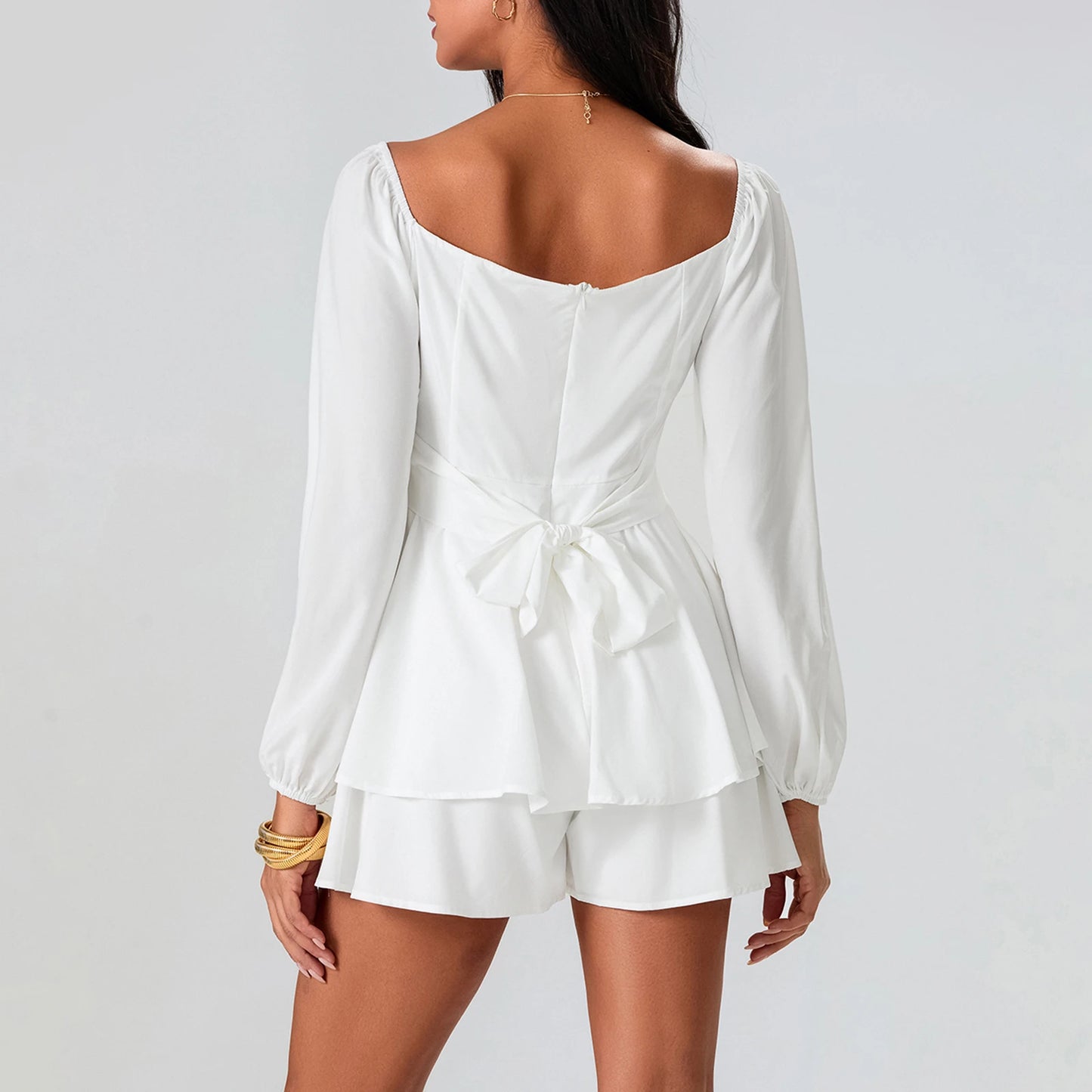 Women Puff Sleeve Rompers Elegant Off Shoulder Ruffle Playsuits Spring Summer Long Sleeve Flowy Layered Pirate Jumpsuits