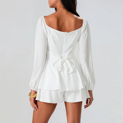 Women Puff Sleeve Rompers Elegant Off Shoulder Ruffle Playsuits Spring Summer Long Sleeve Flowy Layered Pirate Jumpsuits