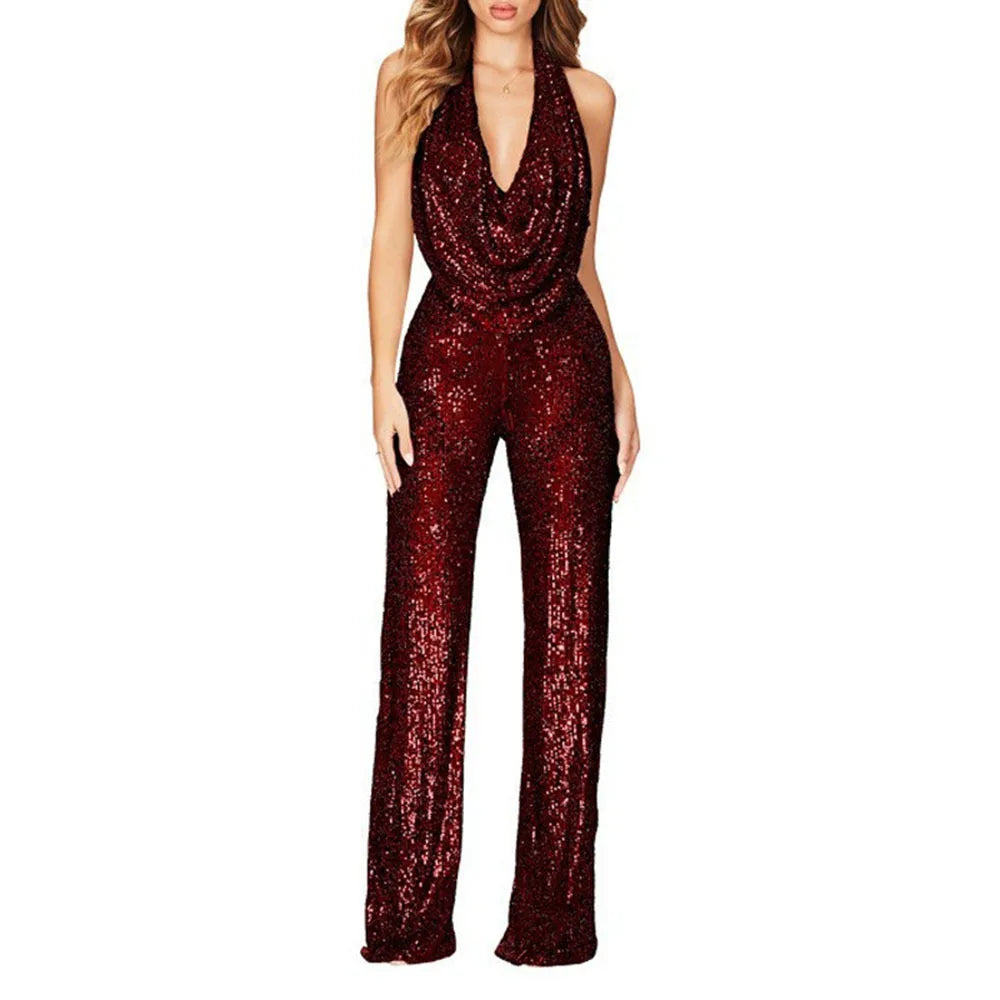 Elegant Halter Sleeveless Straight Playsuits Women Sexy Glitter Sequin Club Party Jumpsuits Summer Women Fashion Backless Romper