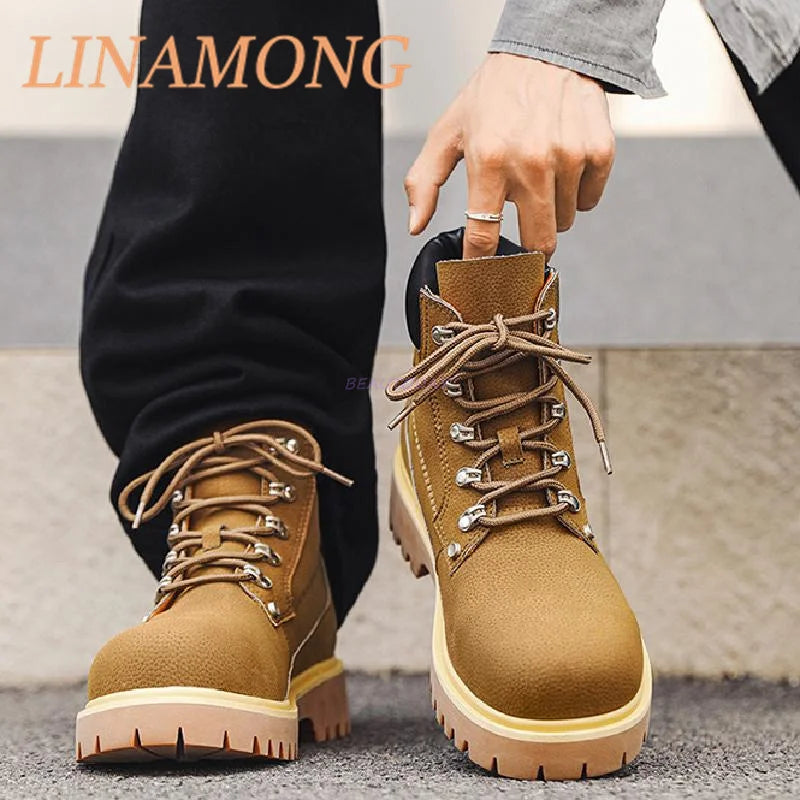 Yellow Workwear Boots Fashionable Front Strap Design Patchwork Thick Sole Buckle Decoration Anti Slip Couple's Short Boots