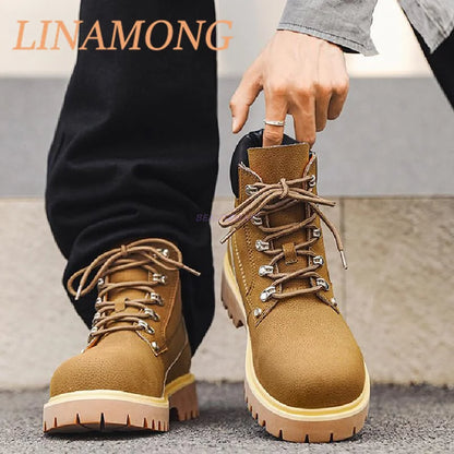 Yellow Workwear Boots Fashionable Front Strap Design Patchwork Thick Sole Buckle Decoration Anti Slip Couple's Short Boots