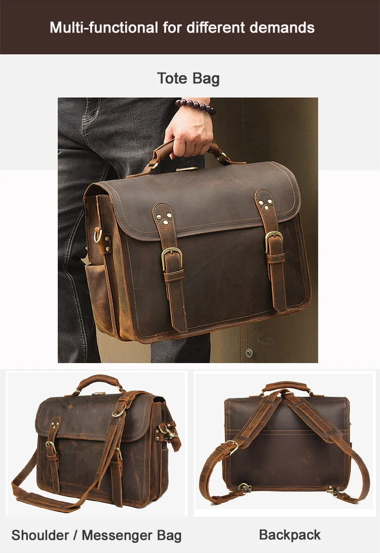 Vintage Crazy Horse Genuine Leather Men Briefcase Large Business Bag Tote Office Bag 15.6“Laptop Case Attache Male Shoulder Bag
