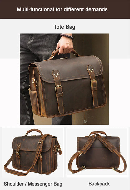 Vintage Crazy Horse Genuine Leather Men Briefcase Large Business Bag Tote Office Bag 15.6“Laptop Case Attache Male Shoulder Bag