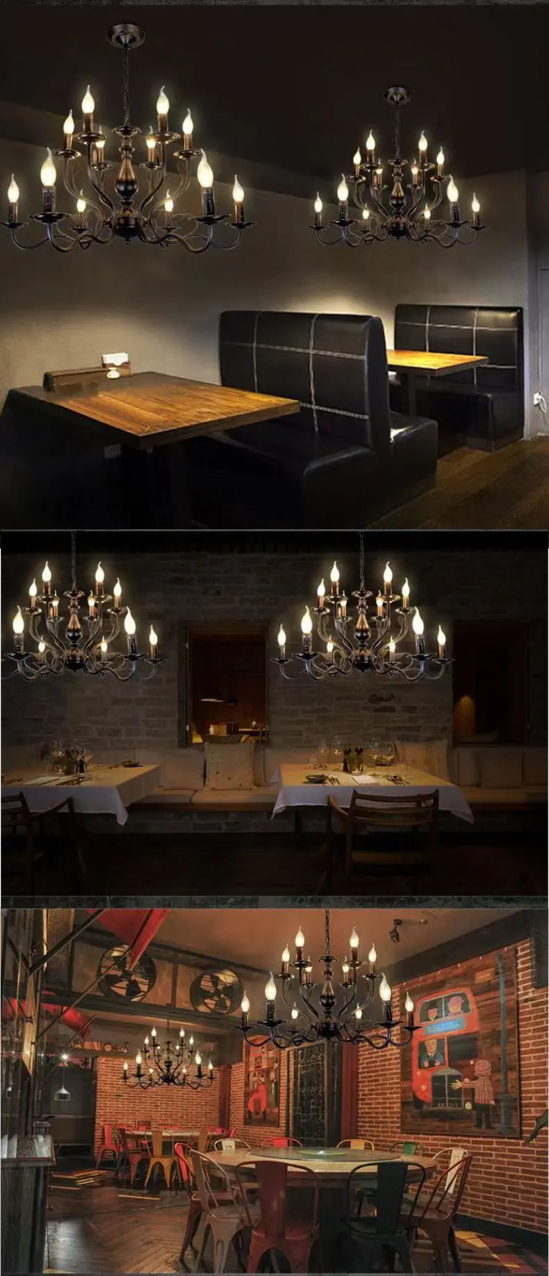 American Retro Cafe Pendant Light Dining Room Black Metal Ceiling Chandelier Industrial Candle E14 Chandelier Lighting