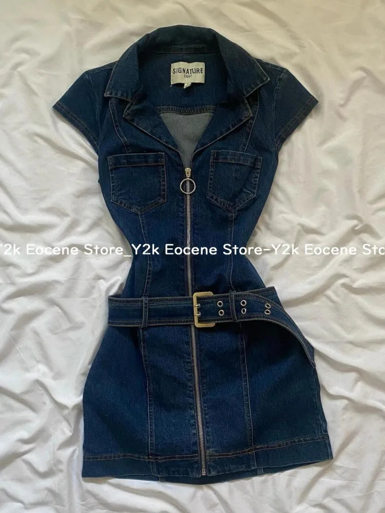American Retro Black Denim Short Dress Women Summer Zipper Elegant Slim One Piece Dress Korean Fashion Design Casual Clothing