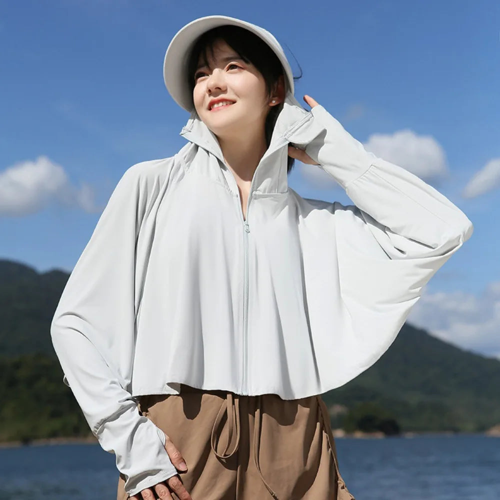 Solid Color Sunscreen Hoodie Long Sleeve Large Brim Hat Summer Sunscreen Shawl Thin Arm Sleeves Ice Silk Short Jacket Running