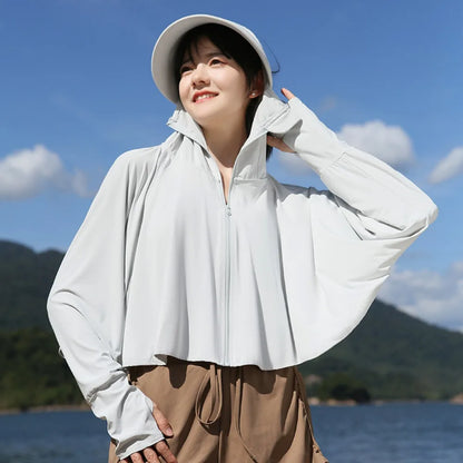 Solid Color Sunscreen Hoodie Long Sleeve Large Brim Hat Summer Sunscreen Shawl Thin Arm Sleeves Ice Silk Short Jacket Running