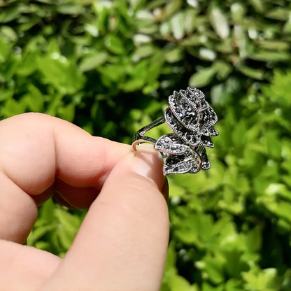 Ajojewel Black Rhinestone Rose Flower Necklace Ring And Earring Set For Women Vintage Jewelry Nice Gifts For Girlfriend
