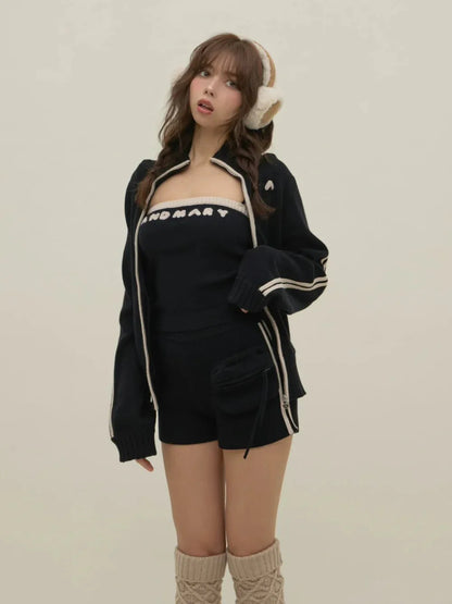 Japanese Spring Autumn 3-piece Set Sweet Striped Zipper Cardigan Tube Top High Waist Shorts Set Y2K Street Style Casual Wear