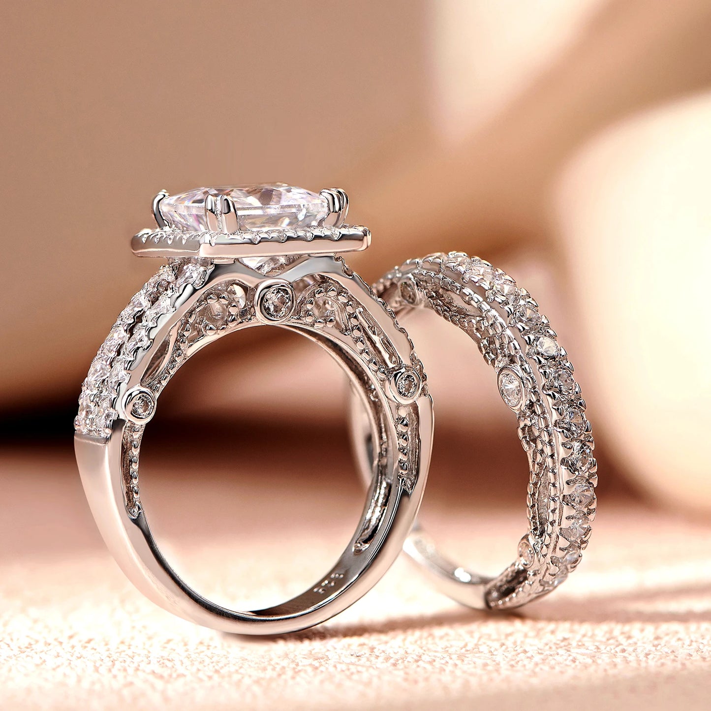 Newshe 2Pcs Solid 925 Sterling Silver Wedding Rings for Women Bridal Set 8*8mm 3CT Princess Cut 5A Cubic Zircon Fine Jewelry