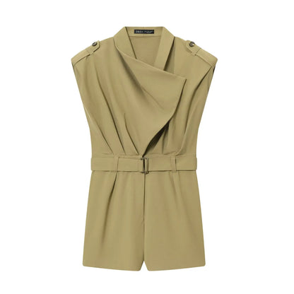 HH Women Elegant Slim Shoulder Pad Short Belt Decoration Button Jumpsuits Women Summer Solid Sleeveless Zipper Jumpsuit Mujer
