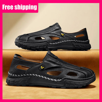 Men Sandals New Hollow Leather Casual Comfortable Trendy Beach Shoes Outdoor Walking Non Slip Bag Toe Walking Shoes for Men