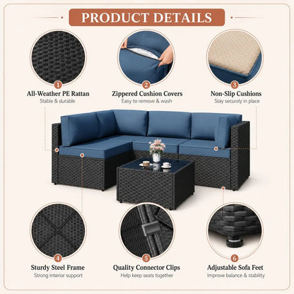 5-Piece Patio Furniture Set, Outdoor Wicker Sectional Sofa with 4-Inch Thick Cushions & Coffee Table, All-Weather PE, Custom