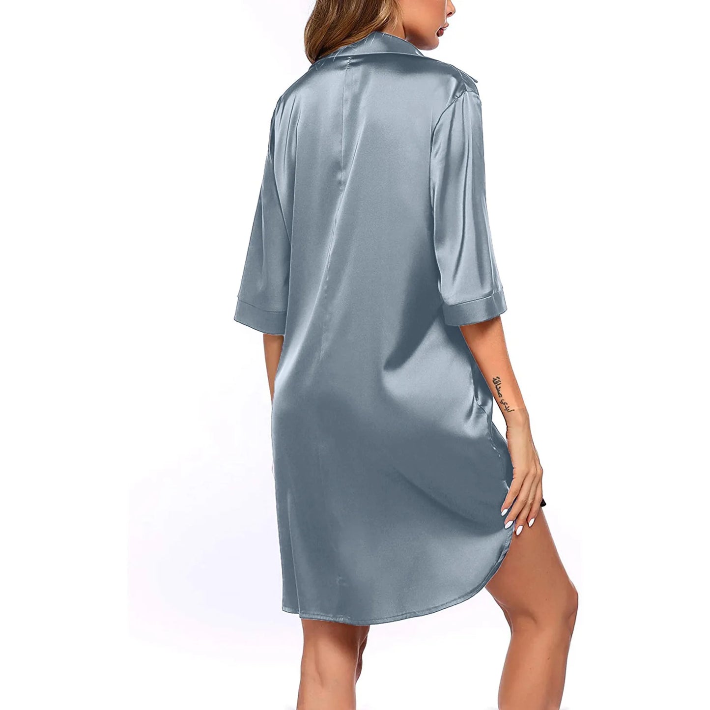 Women's Solid Color Silky Soft Pajamas Sexy Long Sleeve Nightshirt Smooth & Skin-Friendly Comfortable Home Sleepwear for Ladies