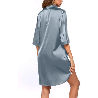 Women's Solid Color Silky Soft Pajamas Sexy Long Sleeve Nightshirt Smooth & Skin-Friendly Comfortable Home Sleepwear for Ladies