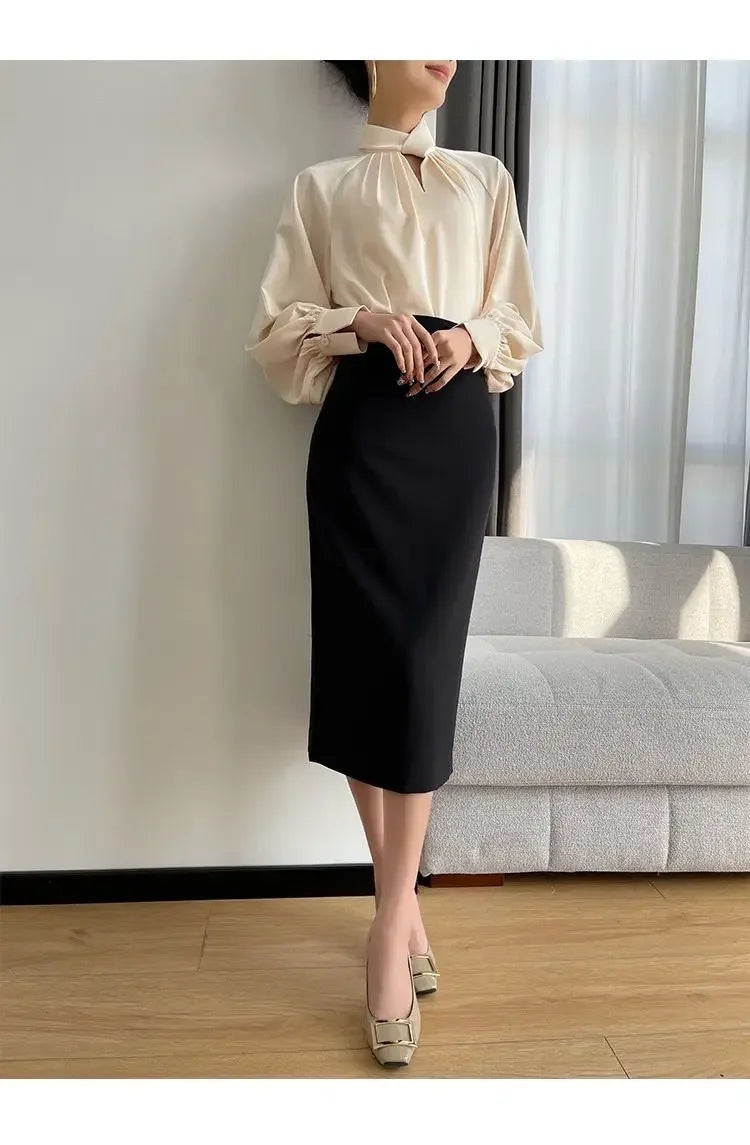 Women's Korean Fashion Hollow Ruffled Elegant Blouse Office Lady Stand Collar Business Casual Shirt Long Sleeve Solid Loose Tops